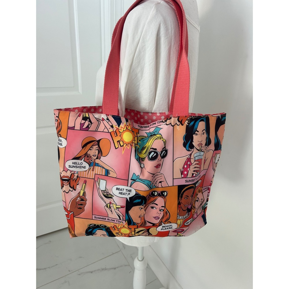 Estee Lauder Pop Art Comic Print Tote Bag Pink Polka Dot Recycled Beach Bag